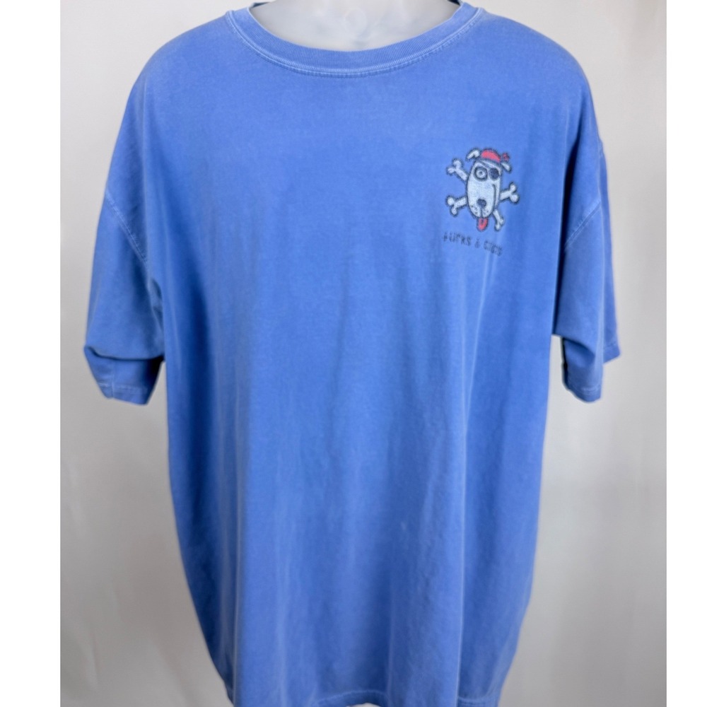 Comfort Colors Turks & Caicos Pirate Dog Graphic T Shirt XXL Garment Dyed Blue - Picture 1 of 9